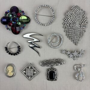 11 Vintage Silver Tone Brooch Lot Rhinestone Crystal Bling Wearable